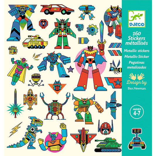 160 Stickers Metalizados Robots